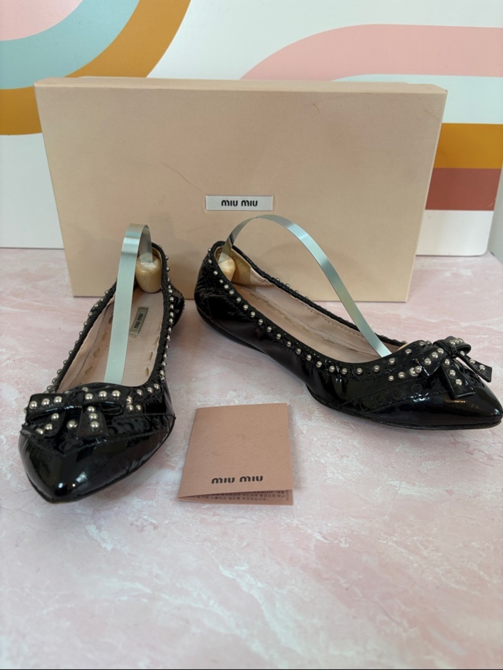 Miu Miu Calzature Vernice Black Patent Studded Bow Pointed Ballet Flats 37/ us7 - Picture 3 of 7